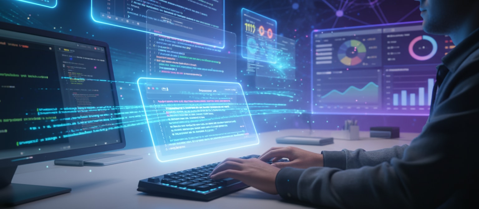 Developer collaborating with AI assistant in holographic workspace with code streams and productivity metrics