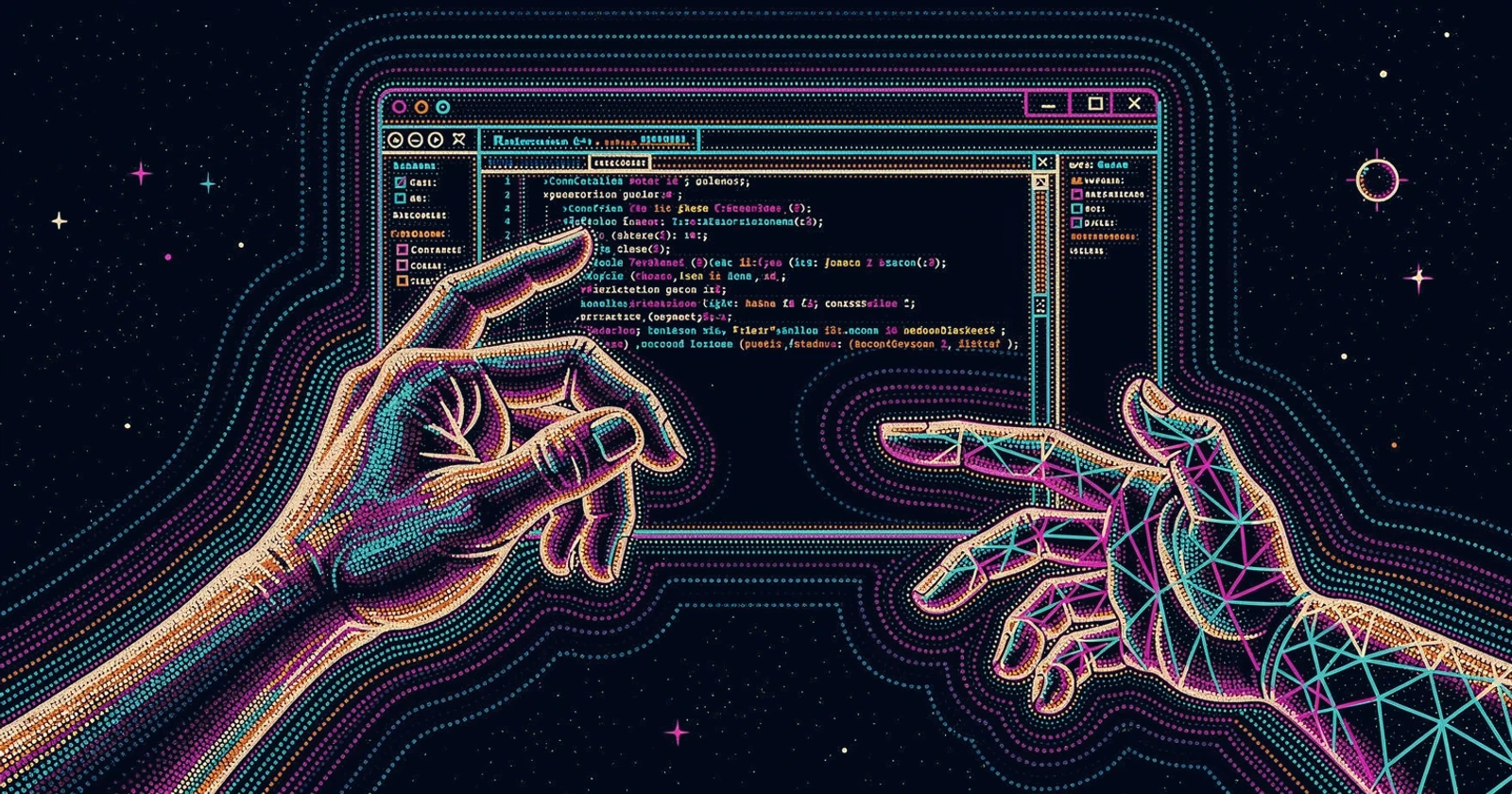 A human hand and a wireframe hand reach toward a floating code editor window in pink, teal and gold stipple light