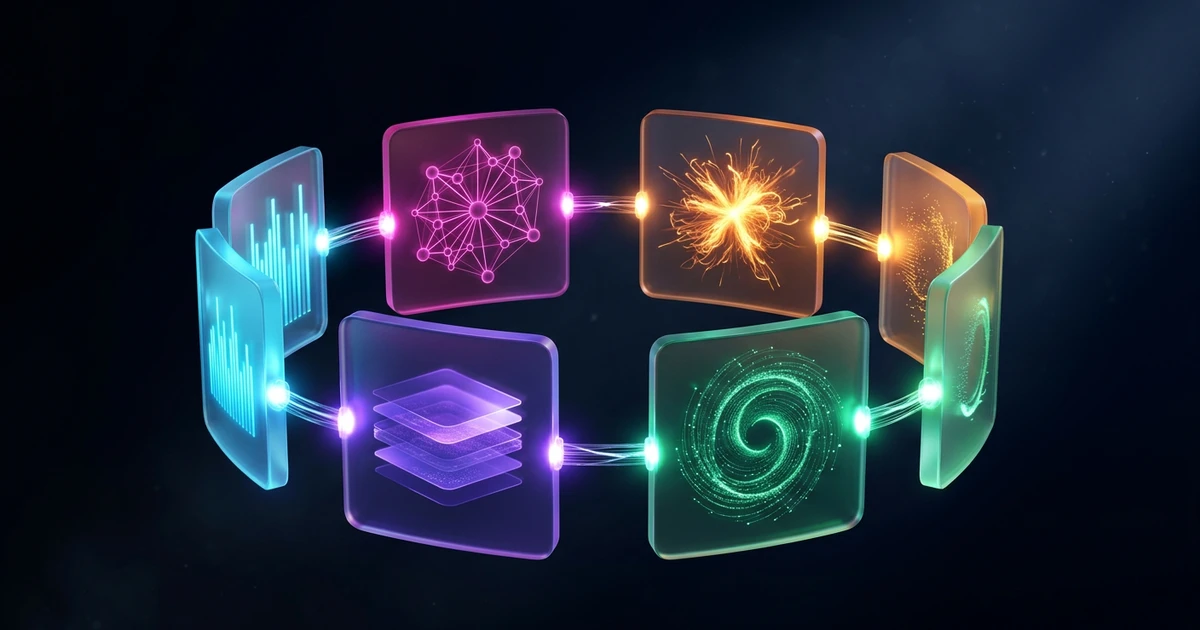 Five translucent panels arranged in a closed cycle, each glowing a different color and holding an abstract data form, linked by luminous conduits around an empty center