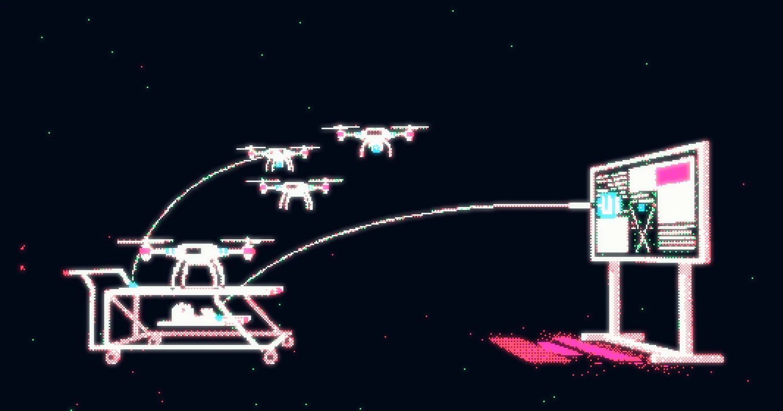 Small drones lift off from a cart and fly in an arc toward a standing monitor, outlined in white on a dark ground