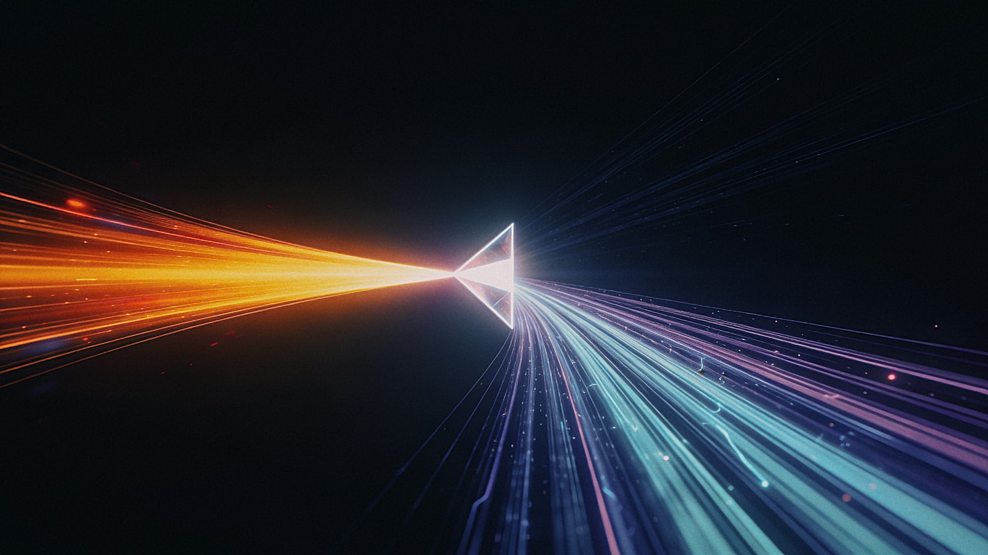 High-speed light beam and data stream flowing through digital prism creating multicolor spectrum on dark background representing data transfer and network speed