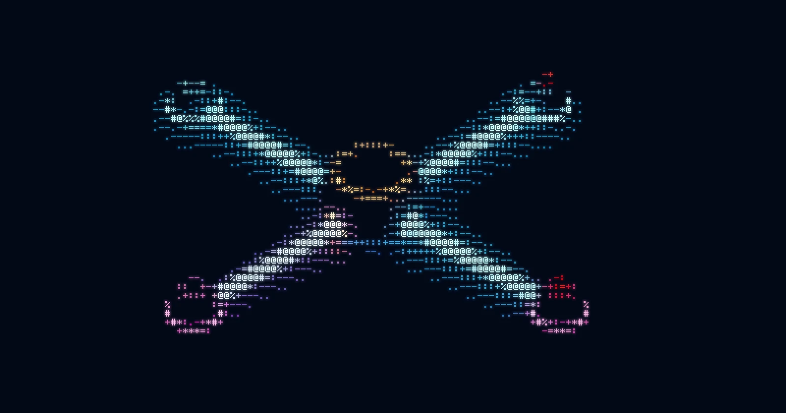 An ASCII-character hub in amber at the center of an X, four blue and pink arms reaching out to glowing end nodes