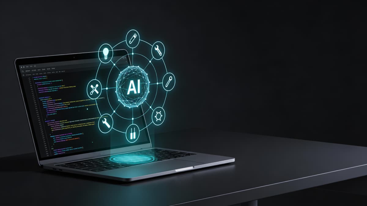 Laptop displaying code with holographic AI ecosystem diagram showing interconnected tool icons and capabilities emanating from central AI node with cyan glow effect