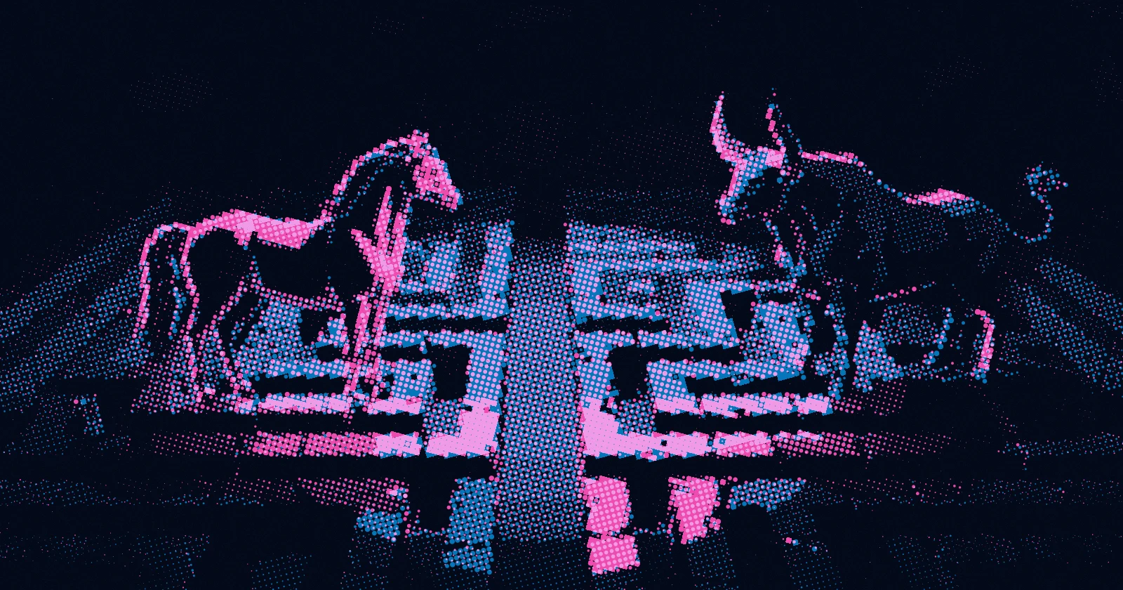 A horse and a bull face each other across a halftone city of pink and blue blocks