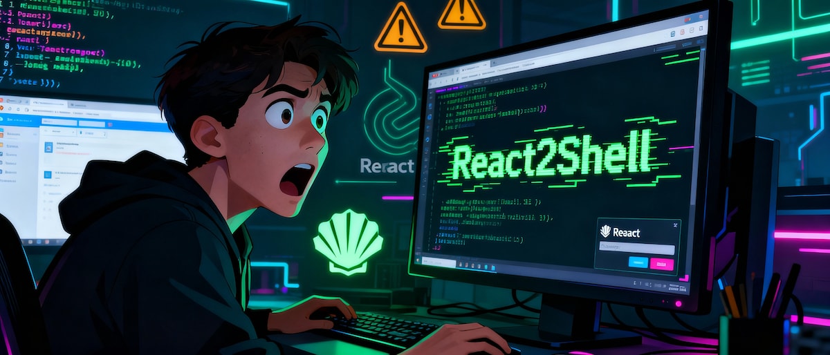 Anime-styled developer discovering security vulnerability in React code on dual monitors displaying React2Shell exploit with warning icons and neon cybersecurity aesthetic