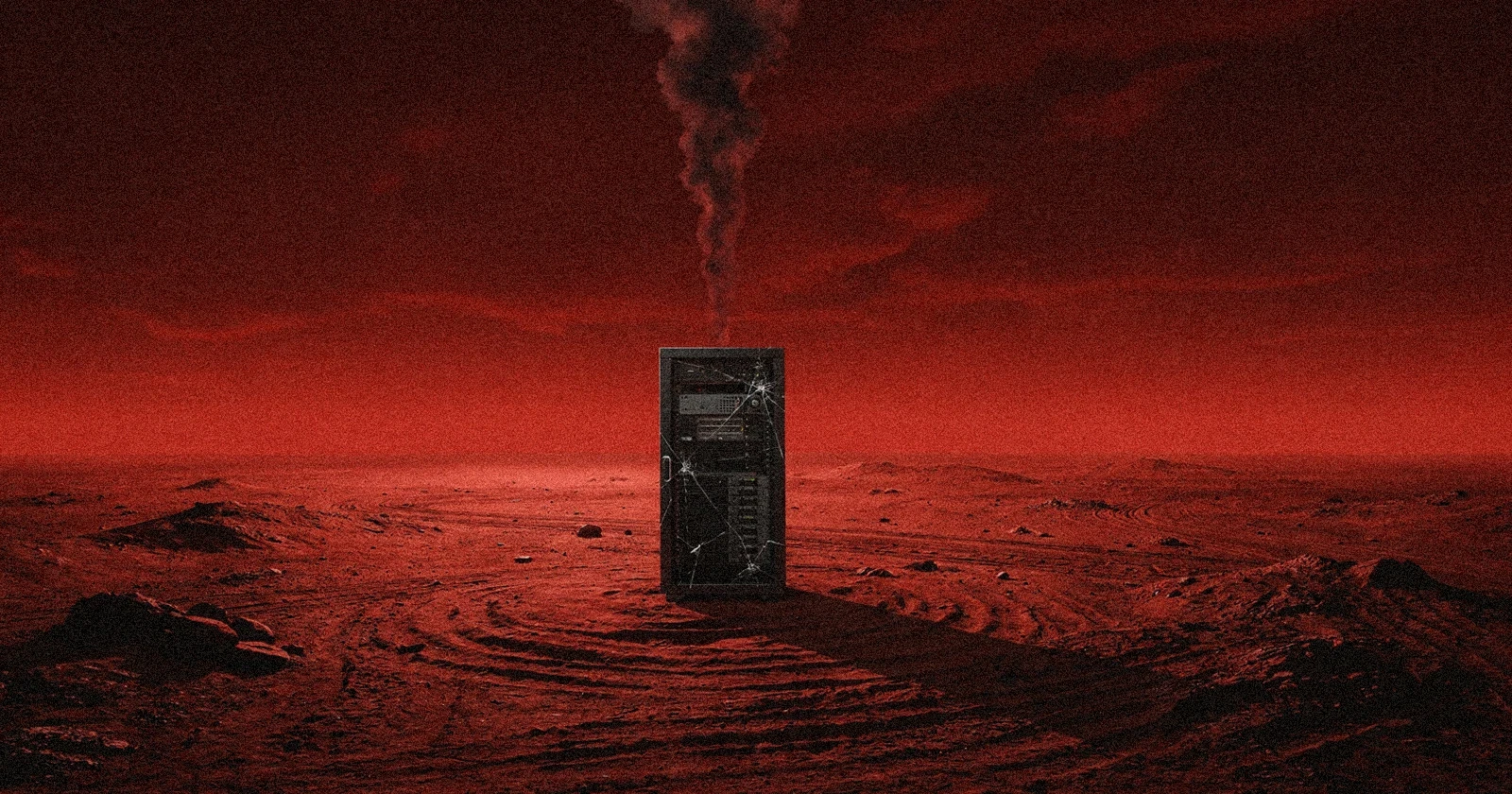 A lone server tower stands on a red desert plain, a thin column of smoke rising from it into a red sky