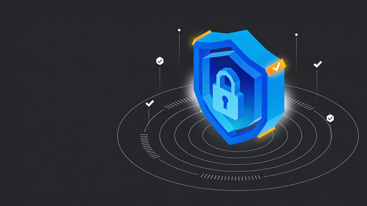 3D isometric security shield with padlock icon surrounded by concentric protection rings and checkmark validation symbols on dark background