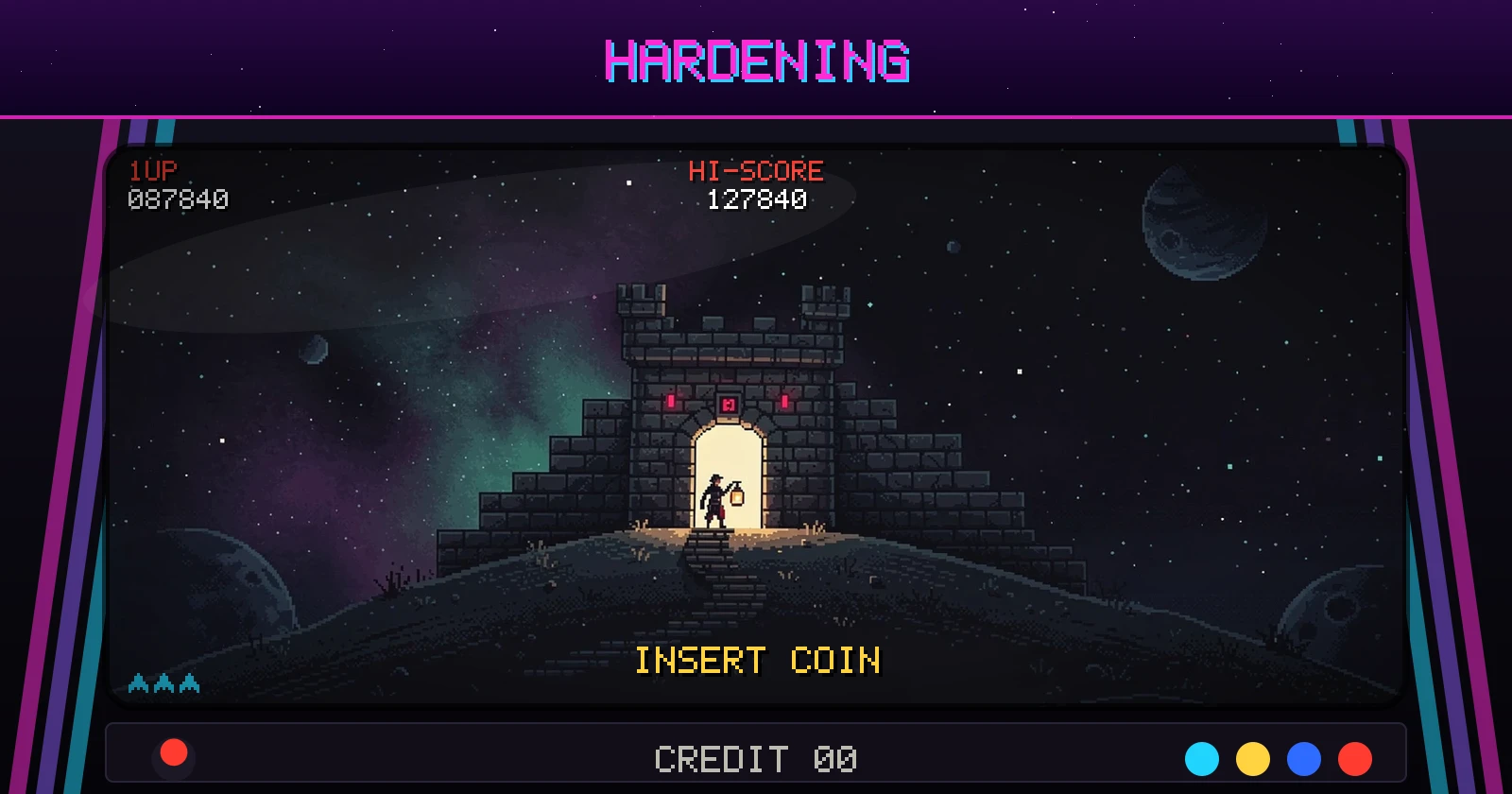 Arcade cabinet screen titled HARDENING: a pixel fortress on a hill under a starry sky, one lit doorway at the top of its stairs