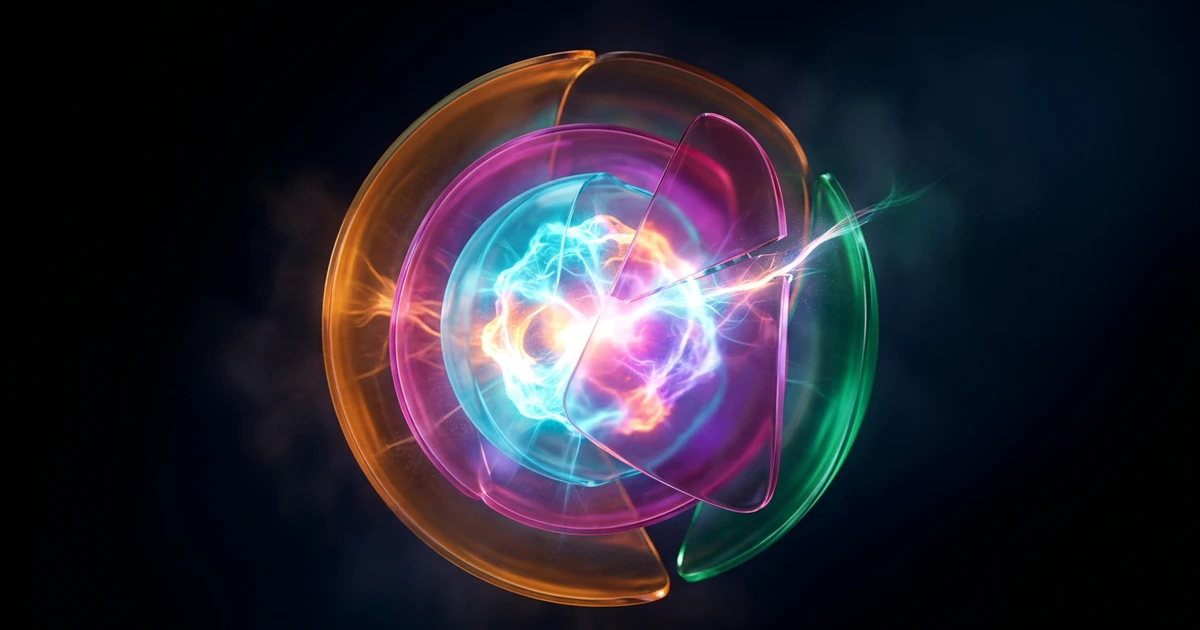 A bright volatile core held inside three nested translucent shells, one shell caught mid-closure as it severs a filament of light escaping past the boundary
