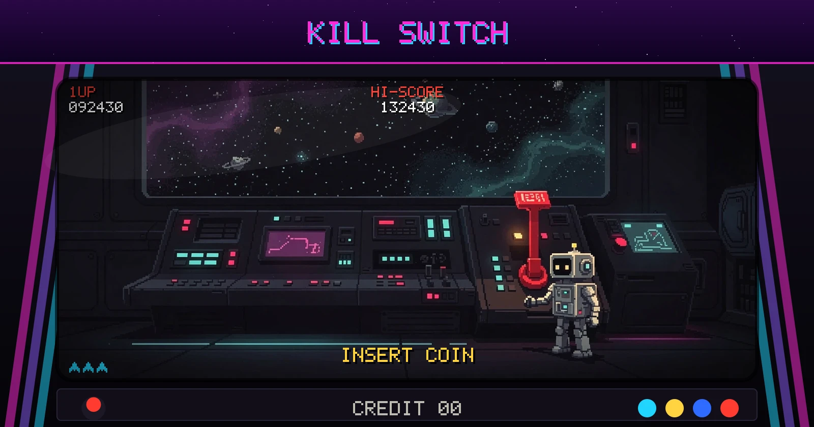 Arcade cabinet screen titled KILL SWITCH: a pixel robot stands at a starship control deck beside a large red lever