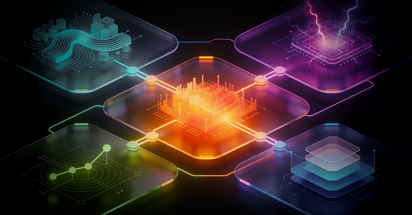 Interactive network diagram showing five interconnected zones in cyan, purple, orange, green, and blue, connected by glowing pathways and nodes representing the RIVET framework pillars working together as an integrated system