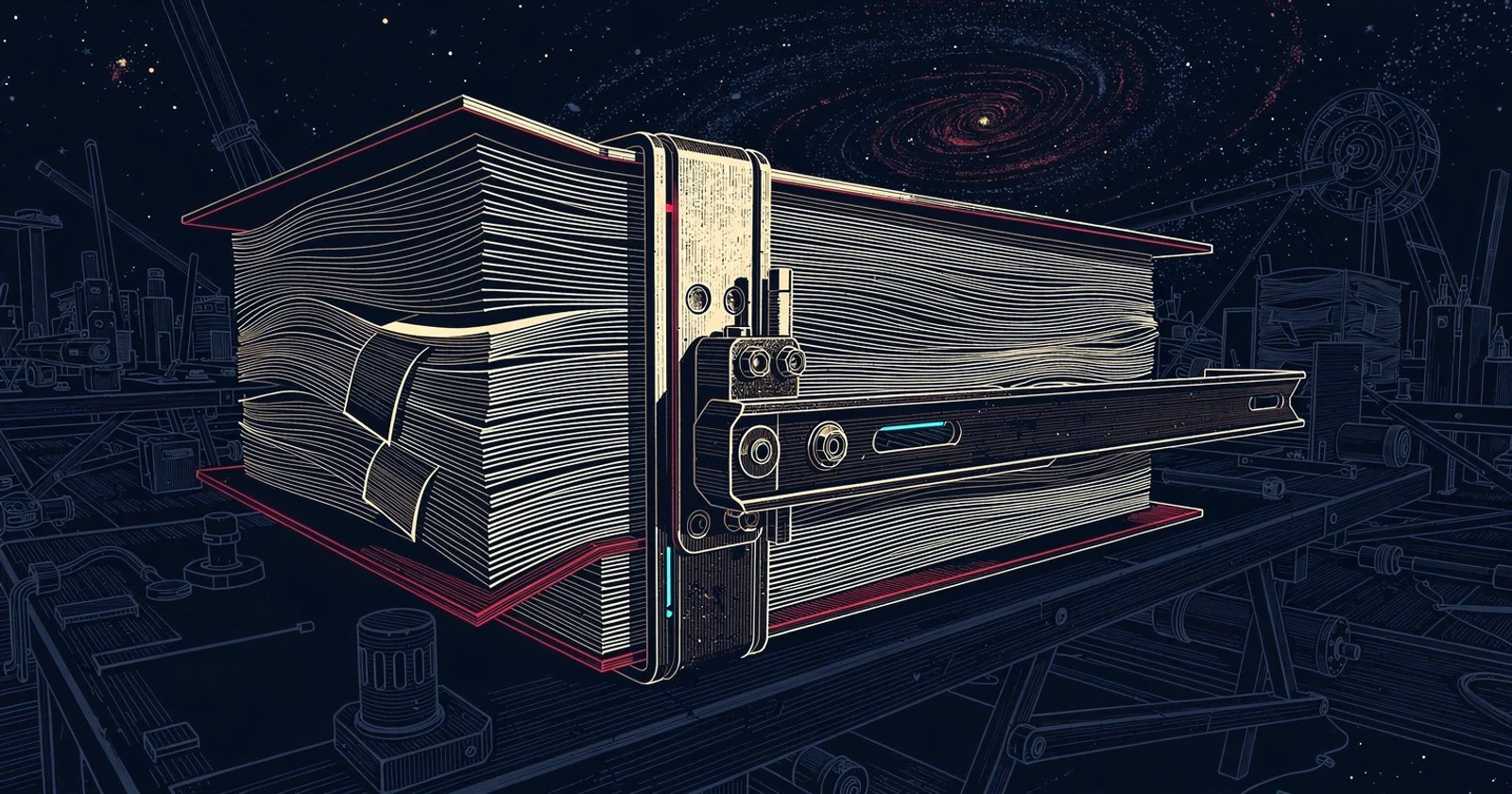 A thick open book with a metal hinge and bracket bolted along its spine, against a dark background of fine lines