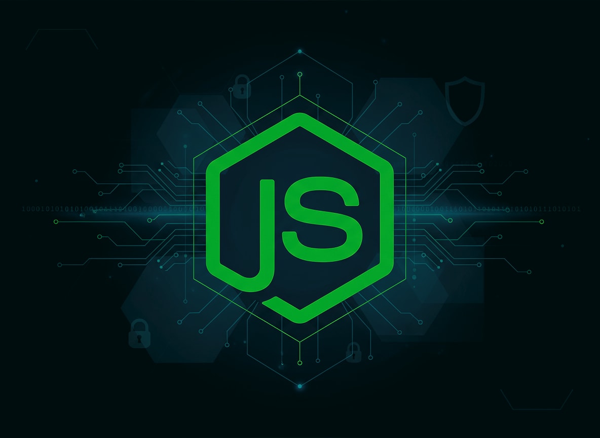 Node.js hexagonal logo with bright green branding surrounded by circuit board connections and security shield icons on dark background