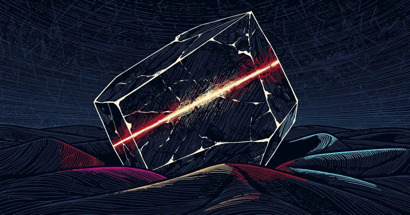 A faceted block of volcanic glass on dark cloth, one band of light crossing its face and lifting a narrow spectrum out of the black