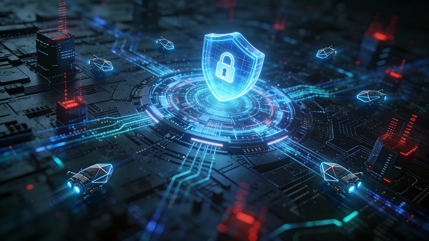 Glowing neon security shield with padlock surrounded by circuit board landscape, drone threats, and red/blue warning indicators representing threat detection and network defense