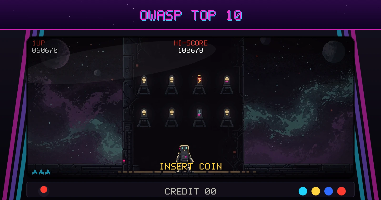 Arcade cabinet screen titled OWASP TOP 10: two rows of pixel invaders descend toward a single defender at the bottom of the screen