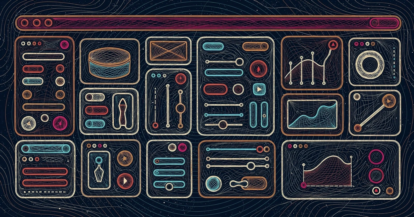 A dashboard of rounded control cards with sliders, toggles, dials and charts, set in a browser window frame