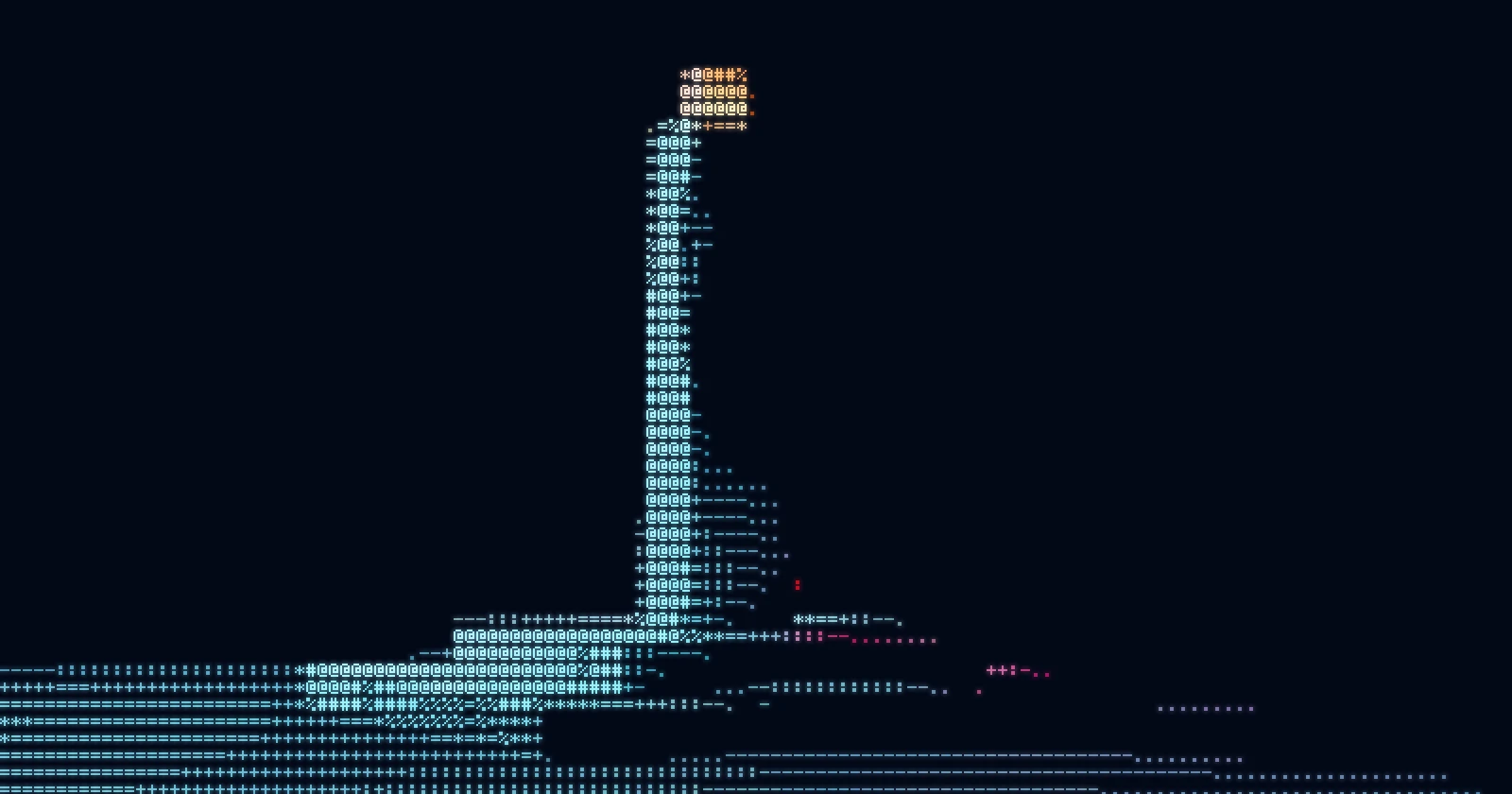 A tall ASCII-character pillar in teal on a wide flat base, one amber block resting on its top