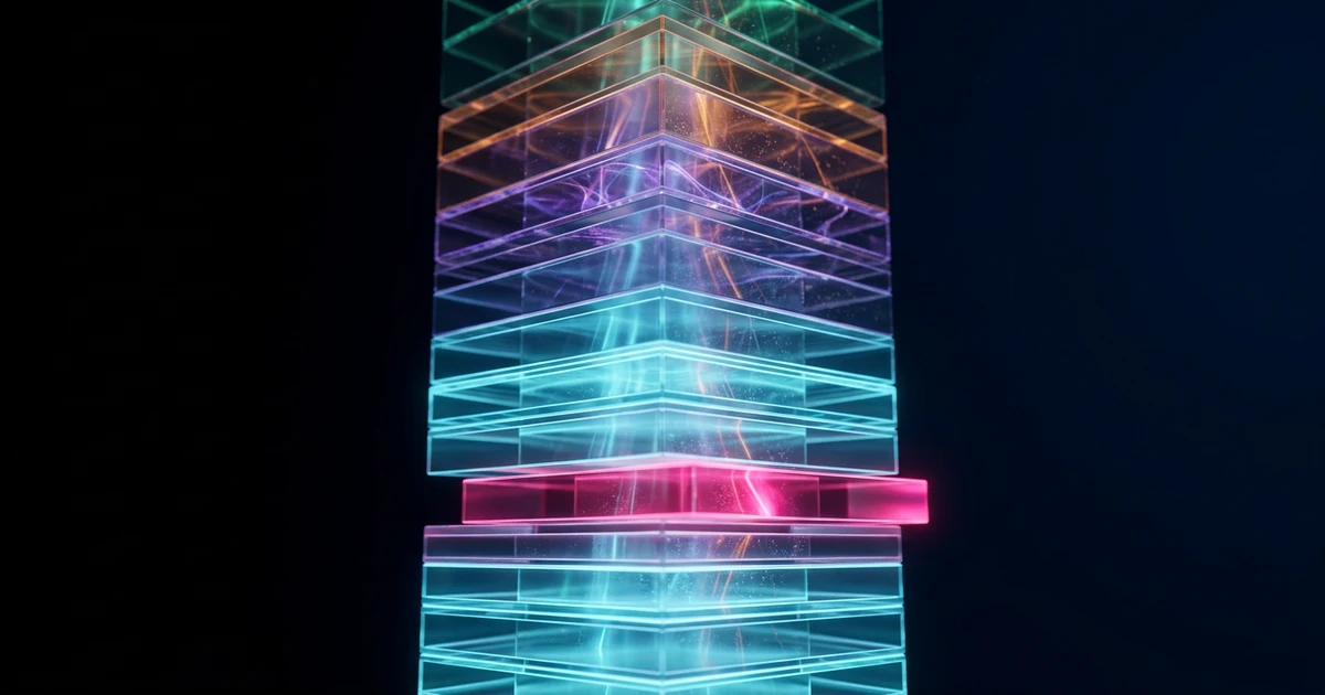 A tall stack of glowing translucent glass layers in cool cyan, with a single hot magenta layer near the base shifted out of alignment, its dissonance climbing through every layer above