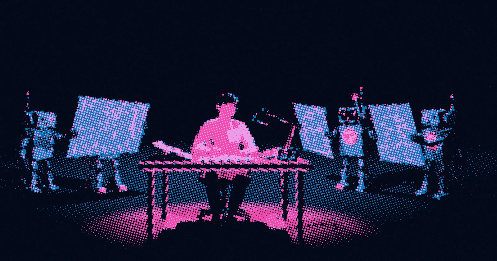 One person at a central desk surrounded by small robots holding up screens, in pink and blue halftone