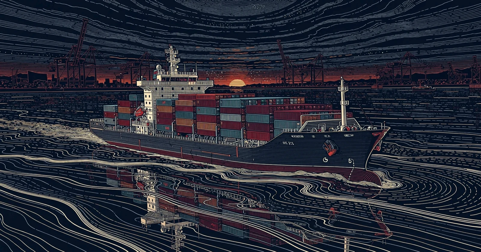 A container ship leaves port at sunset across a sea of fine contour lines