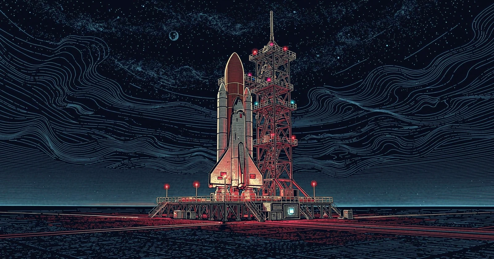 A space shuttle stands on a lit launch pad beside its red gantry tower under a starry sky